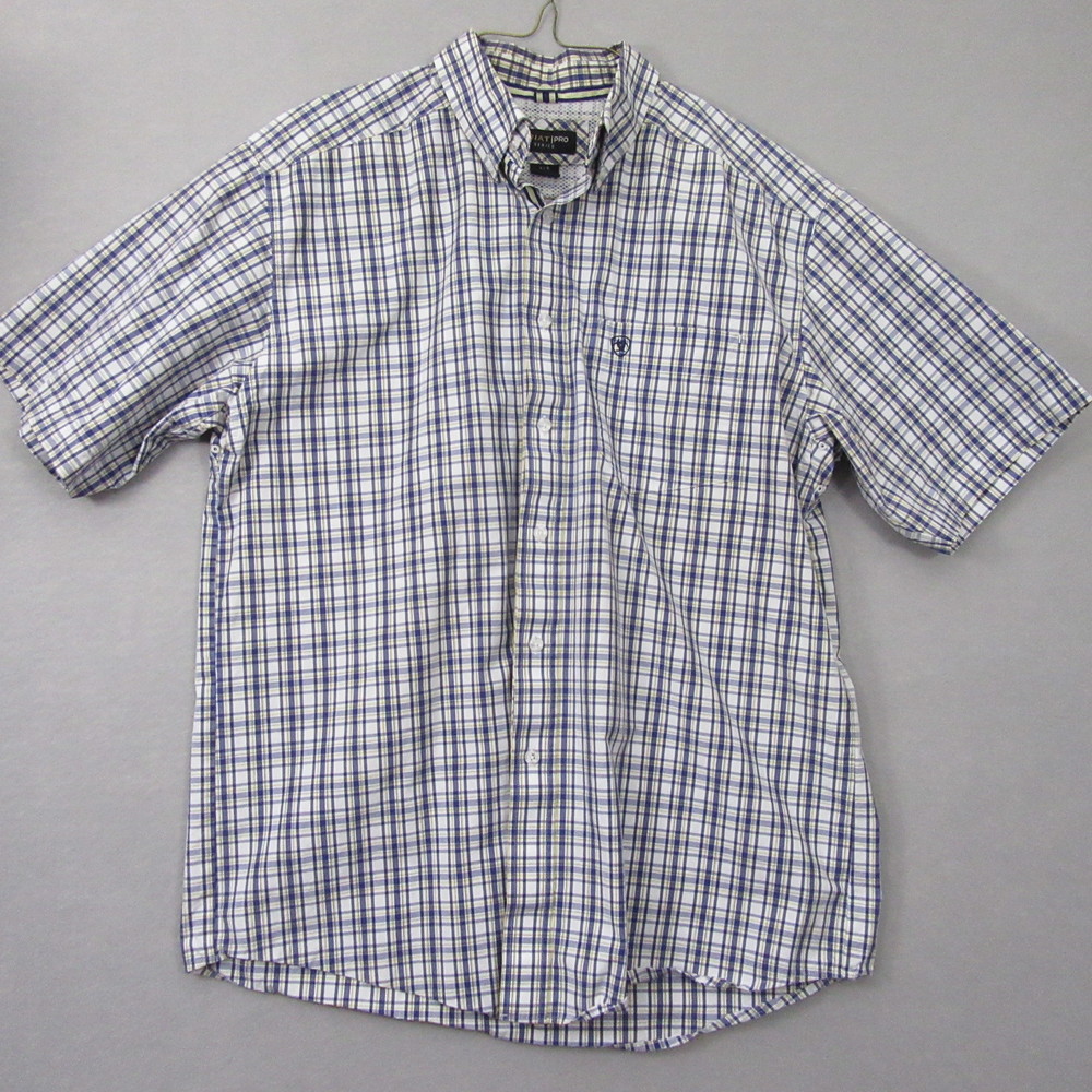 Ariat Pro Short Sleeve Button Down Shirt L Blue Yellow Check Pocket Logo - Picture 2 of 7
